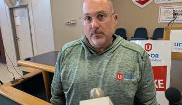 Unifor Local 2458 Secretary-Treasurer Mike Kisch speaks with reporters at the Unifor 444 Hall in Windsor, August 29, 2025. Photo by Mark Brown/WindsorNewsToday.ca.