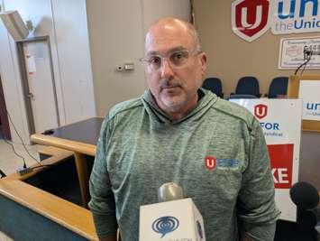 Unifor Local 2458 Secretary-Treasurer Mike Kisch speaks with reporters at the Unifor 444 Hall in Windsor, August 29, 2025. Photo by Mark Brown/WindsorNewsToday.ca.
