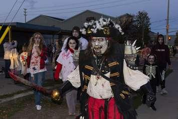 Zombie Pirate Capt. Hindgrinder (Micheal Reeve) leading Windsor Zombie Walk as it departs from Scarehouse Windsor. Photo by Eric Bonnici.