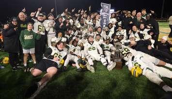 The St. Clair Saints football team celebrates its first national title at Acumen Stadium in Windsor, November 9, 2024. Photo courtesy St. Clair College Athletic Department.