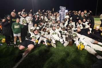 The St. Clair Saints football team celebrates its first national title at Acumen Stadium in Windsor, November 9, 2024. Photo courtesy St. Clair College Athletic Department.