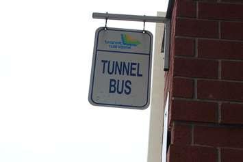 The Tunnel Bus sign hangs out front of the Transit Windsor bus terminal downtown on April 6, 2015. (Photo by Ricardo Veneza)