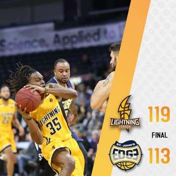 AJ Gaines Jr. of the London Lightning in action against the St. Johns Edge at Mile One Centre, January 20, 2019. Photo courtesy London Lightning/Twitter.