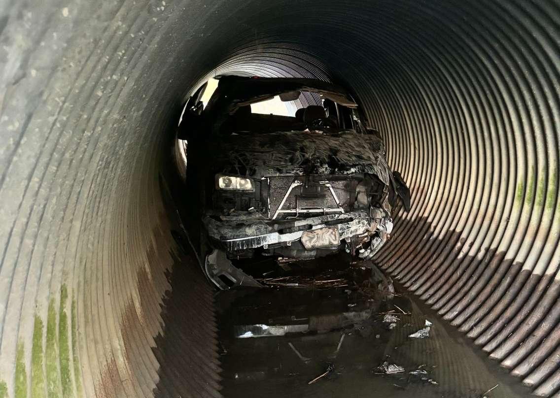 The scene after a pickup truck crashed into a culvert on Charing Cross Road. October 24, 2024. (Photo courtesy of Lis Kilgour)