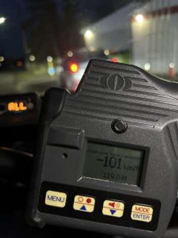 A radar device in a LaSalle police vehicle shows a reading of 101 km/hr on February 28, 2024. Photo courtesy of LaSalle police.