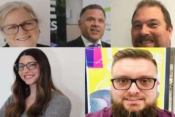 (from Upper Left: Liberal candidate Tamara Stomp, Progressive Conservative Anthony Leardi, and Green Party candidate Stephen Higgins. Bottom left: Rachael Mills of the NDP and Independent William Szabo Verzoc)