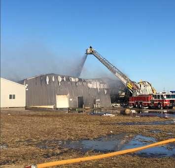 Fire at an agricultural building in Leamington on Saturday, March 23, 2019. (Photo via Leamington Fire Twitter)