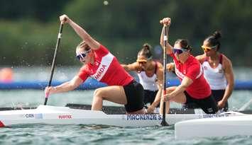 Team Canada’s Sloan Mackenzie, left, and Katie Vincent win the bronze medal in women's canoe double 500m sprint at the 2024 Paris Olympic Games in France on Friday, August 9, 2024. (Photo by Kevin Light/COC)