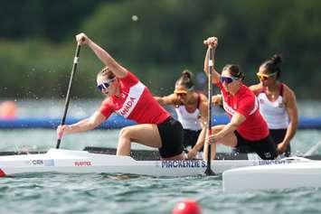 Team Canada’s Sloan Mackenzie, left, and Katie Vincent win the bronze medal in women's canoe double 500m sprint at the 2024 Paris Olympic Games in France on Friday, August 9, 2024. (Photo by Kevin Light/COC)