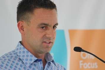 Shawn O'Keefe speaks about offering up family land for the proposed mega-hospital, July 17, 2015. (Photo by Jason Viau)