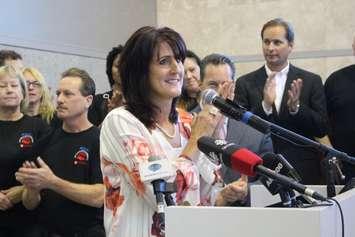 United Way Windsor-Essex CEO Lorraine Goddard thanks employees at Fiat Chrysler for their annual donation, December 11, 2015. (Photo by Maureen Revait) 
