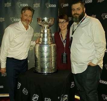 Rockets Sports Cards owner Mike Lucio 
meeting former goalie and coach Patrick Roy at the Upper Deck 2018 Certified Diamond Dealer Conference. (Photo courtesy of Mike Lucio). 
