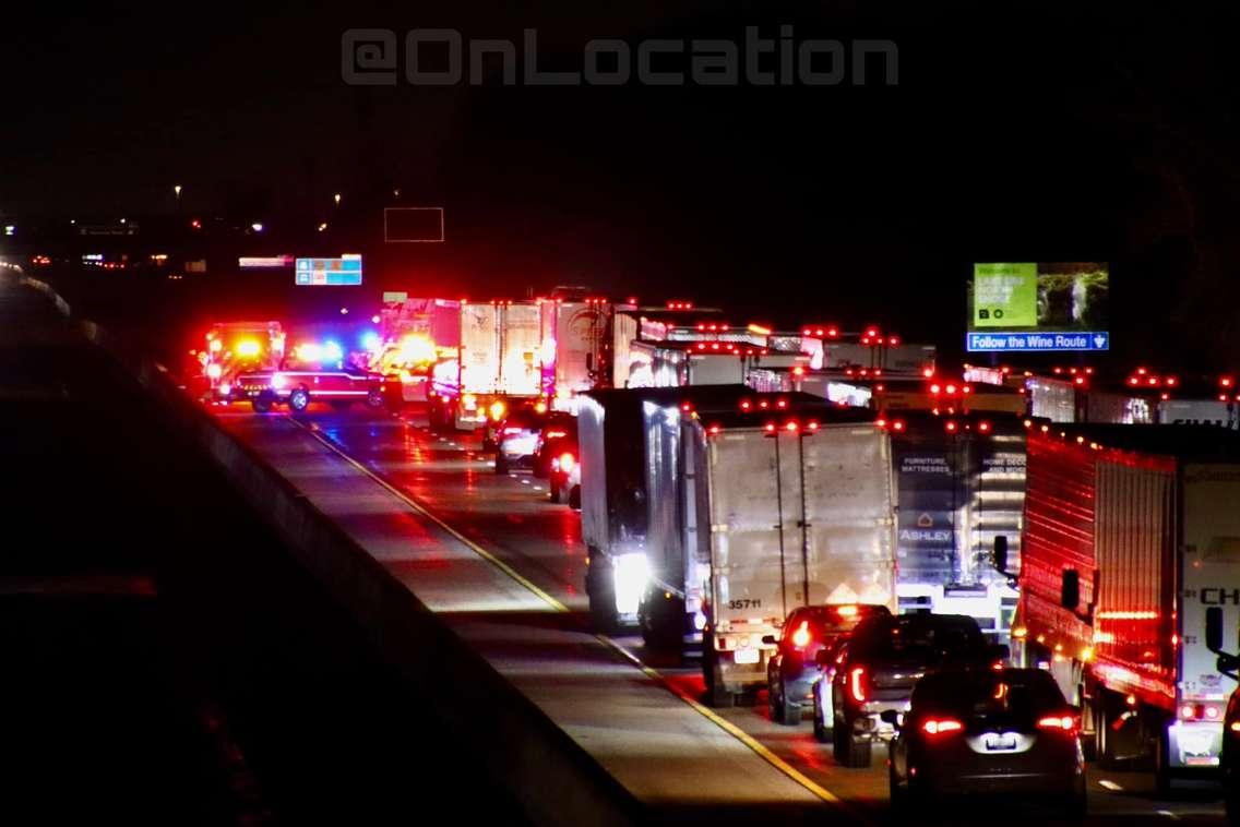 Traffic is stopped on the westbound Highway 401 in Lakeshore due to a tractor-trailer fire on December 17, 2024. Photo courtesy Unofficial: On Location/Facebook.