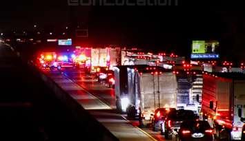 Traffic is stopped on the westbound Highway 401 in Lakeshore due to a tractor-trailer fire on December 17, 2024. Photo courtesy Unofficial: On Location/Facebook.