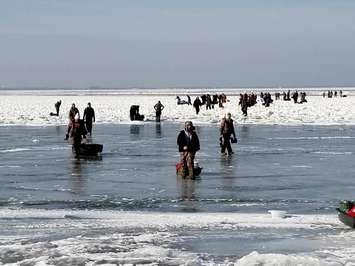 Ice fishermen walk to shore on Lake Erie in northwest Ohio on March 9, 2019. Photo provided by the United States Coast Guard.