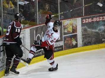 The Leamington Flyers battle the Chatham Maroons in game five of the GOJHL Western Conference Finals. April 3, 2014. (photo by Mike Vlasveld)