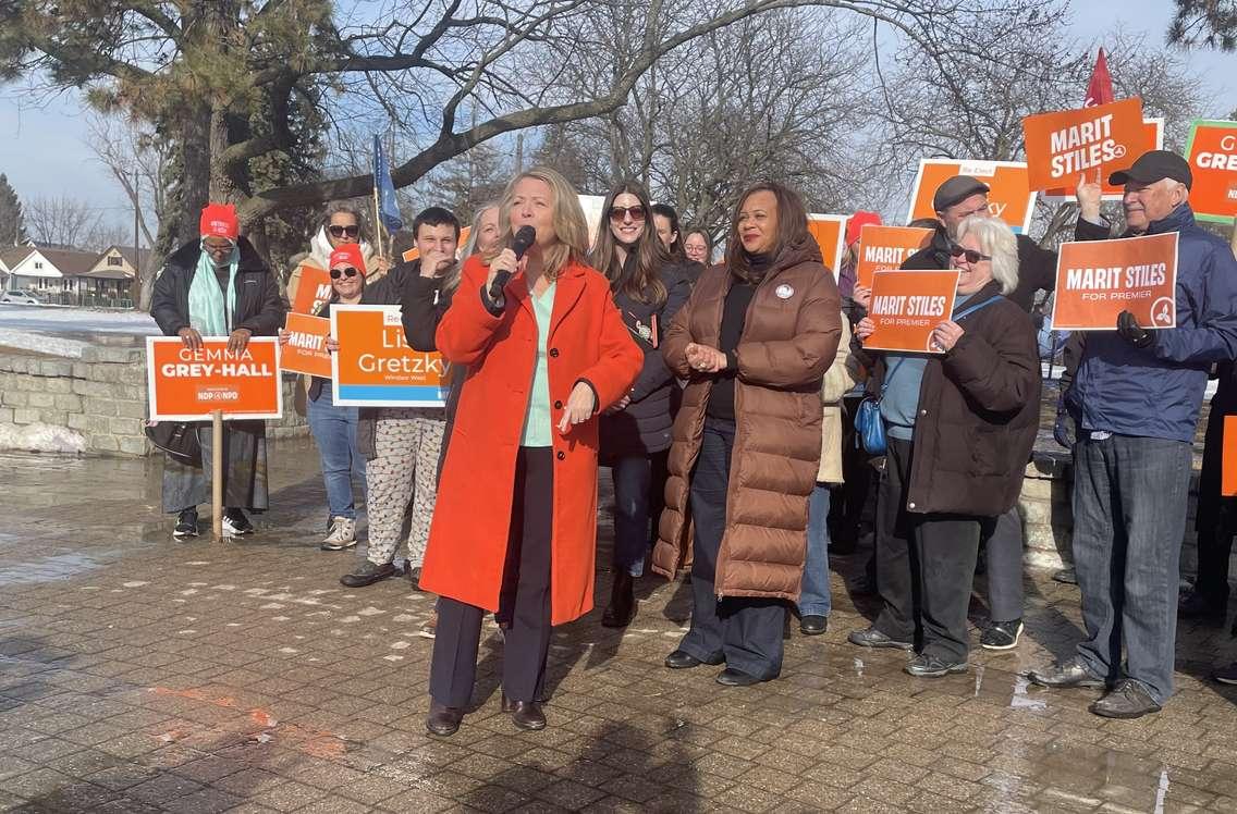 Ontario NDP leader Marit Stiles with supporters in Windsor, February 24, 2025. (Photo by Maureen Revait) 