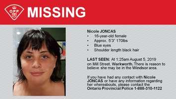 The Central Region OPP is alerting the public that 16-year-old Nicole Joncas was last seen in Warkworth, north of Trenton, at 1:25 a.m. on Monday. Aug 6, 2019. (Photo courtesy of OPP Central)