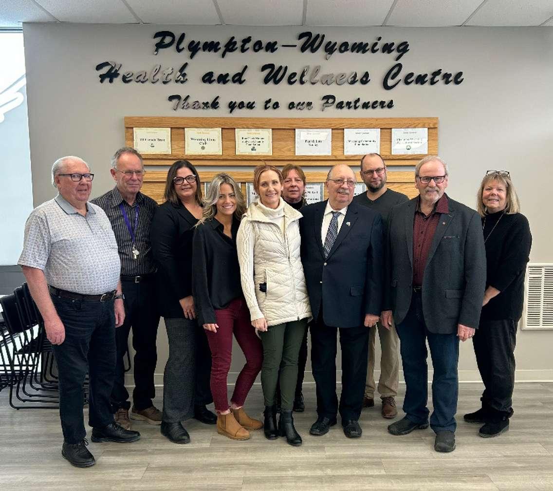 Sarnia-Lambton MPP Bob Bailey (fourth from the right side) is joined by local providers etc. at the Plympton-Wyoming Health and Wellness Centre for an announcement. January 28, 2025 Submitted photo.