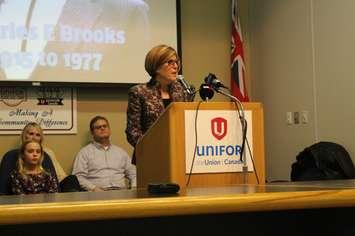 Canadian Mental Health Association Windsor-Essex CEO Claudia den Boer speaks at the Unifor Local 444 hall on Turner Rd. in Windsor, January 24, 2017. (Photo by Mike Vlasveld)