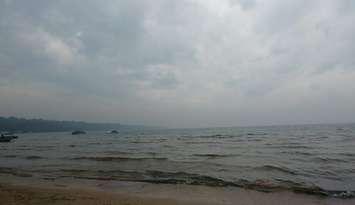 Smoke from wildfires reduces air quality on the Bruce Peninsula as seen at Stokes Bay. (Photo courtesy of Deb Witherspoon-Stockmann. August 1st, 2018)