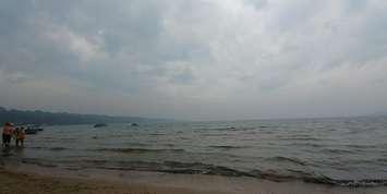 Smoke from wildfires reduces air quality on the Bruce Peninsula as seen at Stokes Bay. (Photo courtesy of Deb Witherspoon-Stockmann. August 1st, 2018)