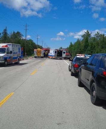 Emergency crews respond to a fatal crash on Hwy. 6 near Miller Lake, July 16, 2016. (Photo courtesy of the OPP)