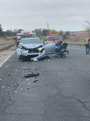 Emergency vehicles tend to a collision on the Puce Rd overpass of Hwy 401, May 2, 2019. Photo provided by Ontario Provincial Police.