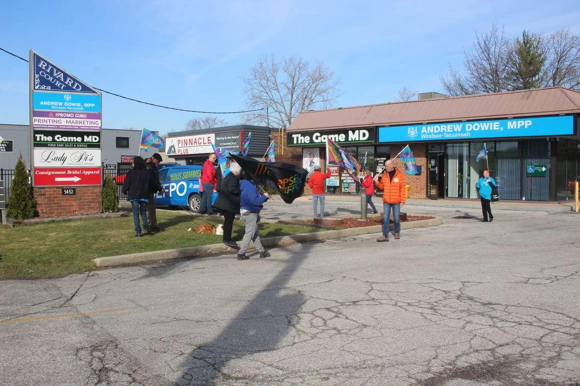 LCBO employees rally outside of MPP Andrew Dowie's officer, March 12, 2024. (Photo by Maureen Revait)  