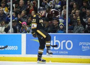 Adam Ruzicka celebrates his 31st goal of the year in Sarnia's 5-1 win over London. February 3, 2018. (Photo courtesy of Metcalfe Photography)