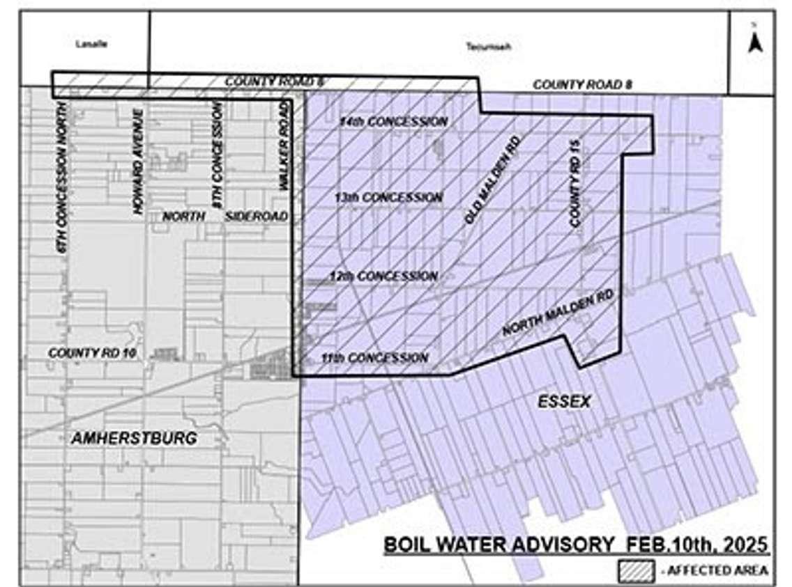 This map shows the area affected by a boil water advisory in Amherstburg and Essex, February 10, 2025. Map provided by the Windsor-Essex County Health Unit.