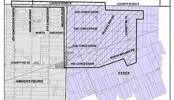 This map shows the area affected by a boil water advisory in Amherstburg and Essex, February 10, 2025. Map provided by the Windsor-Essex County Health Unit.