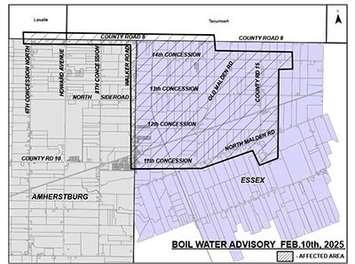 This map shows the area affected by a boil water advisory in Amherstburg and Essex, February 10, 2025. Map provided by the Windsor-Essex County Health Unit.