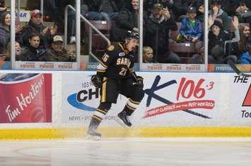 Sarnia centre Franco Sproviero reacts during the Sting's 5-3 loss to London in Sarnia on Jan 1, 2017 (Photo courtesy of Metcalfe Photography)