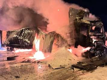 A Highway 402 crash Wednesday, Mar 26, 2025. Photo courtesy of Sarnia Fire and Rescue Services.