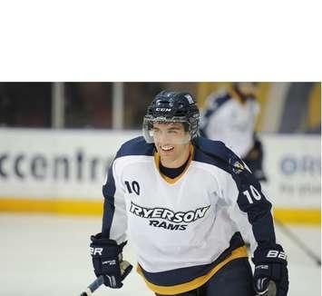 Teeswater's Aaron Armstrong in one of his first career games with the Ryerson Rams. (Photo by Alex D'Addese/ Ryerson Rams Athletics. Alex D'Addese's work available at www.alexdaddese.com or on social media at @alex_daddese)