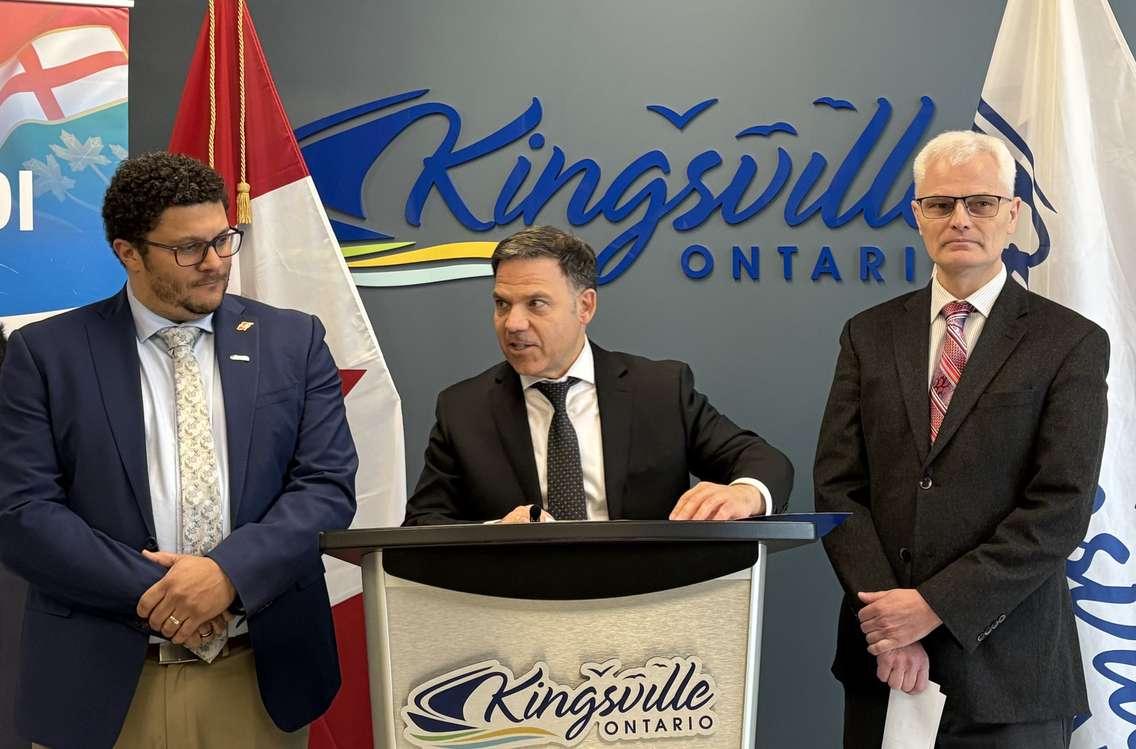 Essex MPP Anthony Leardi announces a $7.4M housing grant for the Town of Kingsville as Kingsville Mayor Dennis Rogers, left, and CAO John Norton look on at Kingsville Town Hall, January 23, 2025. Photo courtesy Essex MPP Anthony Leardi.