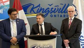 Essex MPP Anthony Leardi announces a $7.4M housing grant for the Town of Kingsville as Kingsville Mayor Dennis Rogers, left, and CAO John Norton look on at Kingsville Town Hall, January 23, 2025. Photo courtesy Essex MPP Anthony Leardi.