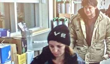 A photo of a man and woman suspected of theft at a LaSalle LCBO courtesy of the LaSalle Police Service.