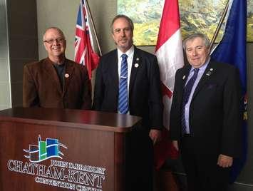 Warden of the County of Simcoe Gerry Marshall, Chatham-Kent Mayor Randy Hope and George Bridge Warden of Wellington County hold a news conference after the annual general meeting of the Western Ontario Wardens' Caucus in Chatham-Kent, February 12, 2016 (Photo by Maureen Revait) 
