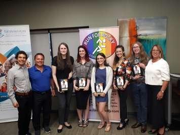 The five Rocky Campana Annual GSA Leadership Memorial Scholarship recipients are seen at Family Services Windsor-Essex in Windsor, June 10, 2019. (Photo by Mark Brown/Blackburn News)