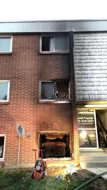 Fire damage is seen at an apartment house on Meadowbrook Lane near Hawthorne in Windsor, August 9, 2018. Photo courtesy Windsor Fire and Rescue/Twitter.