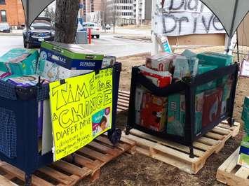 Diapers collected through a drive by striking public health nurses are shown on March 14, 2019. Photo by Mark Brown/Blackburn News.