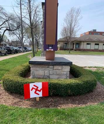 A swastika is seen planted outside Hotel Dieu-Grace Healthcare in Windsor, April 6, 2021. Photo courtesy Janice Kaffer/Twitter.