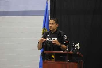 WPS Constable Surjeet Gill discusses the new Substance Supports in Neighbourhoods Accessed through Police Partnerships, June 22, 2022. Photo by Maureen Revait
