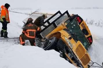 A school bus carrying high school students slids into a ditch February 7, 2018. (Photo courtesy of the Ontario Provincial Police)