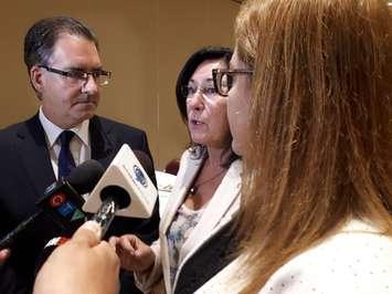 MPs Brian Masse, from left, Windsor West; Cheryl Hardcastle, Windsor-Tecumseh; and Tracey Ramsey, Essex, meet with reporters after a consultation on auto tariffs with stakeholders at Ciociaro Club in Tecumseh, July 12, 2018. Photo by Mark Brown/Blackburn News.