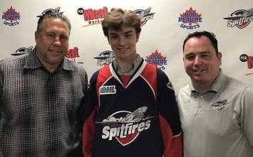 Wyatt Johnston is introduced by Windsor Spitfires general manager and vice-president of hockey operations Bill Bowler on June 18, 2019. Photo courtesy Windsor Spitfires.