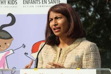 Ontario Associate Minister of Health and Long-Term Care Dipika Damerla speaks at Forest Glade Community Centre, September 1, 2015. (Photo by Mike Vlasveld)