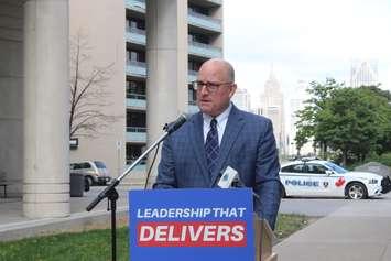 Windsor mayoral candidate Drew Dilkens speaks about his community safety plan, September 28, 2022. (Photo by Maureen Revait) 